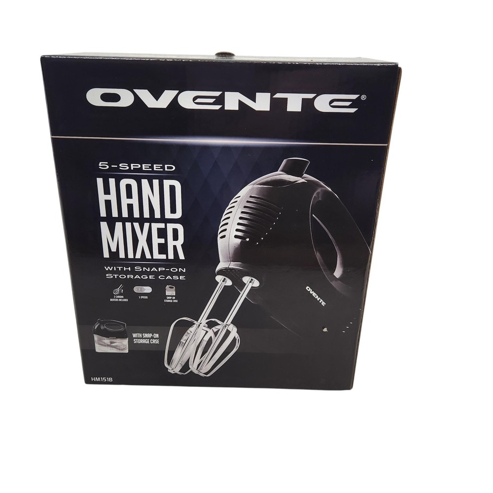 Ovente HM151B 5-Speed Hand Mixer Black 150W Electric Snap-On Storage Case Set